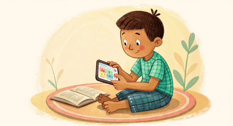 Niño usando la app de Teologitos con su Biblia al lado