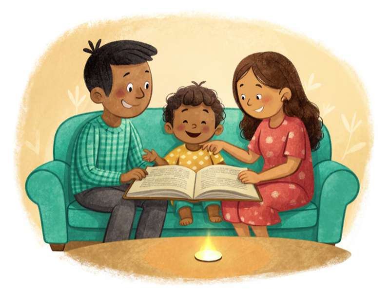 Familia conversando con tablet y Biblia