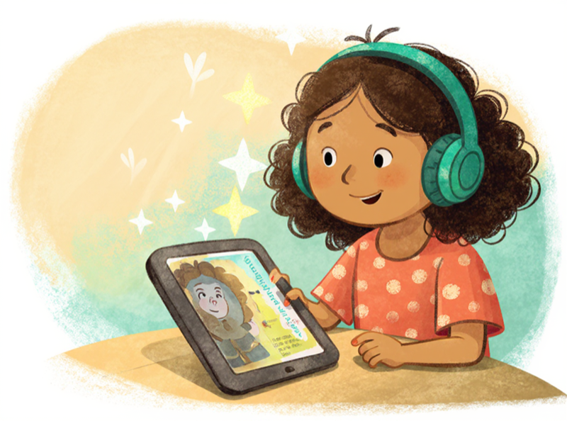 Niña con audífonos viendo una lección animada
